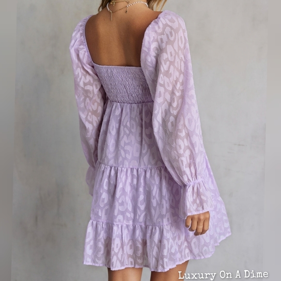 SOLD OUT at LUXONADIME.COM Leopard Dress Purple Sheer Long Sleeve Babydoll Mini - Picture 8 of 12